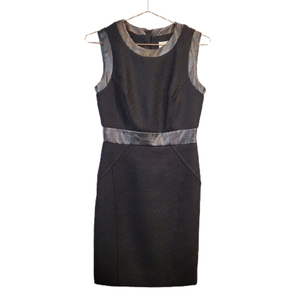 Milly Wool Sheath Dress Faux Leather Trim Black